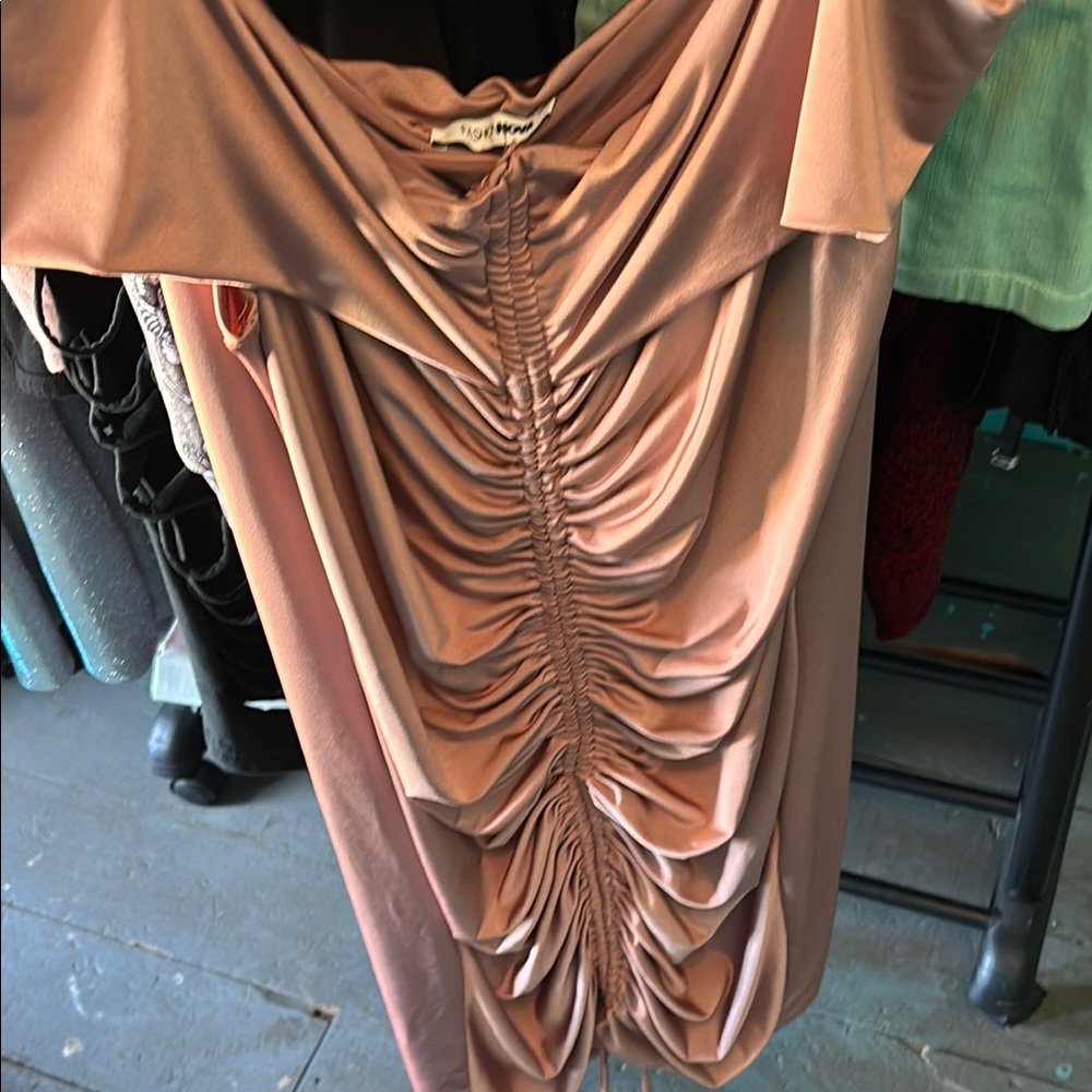 Fashion Nova Ruched Midi Dress in Blush Pink